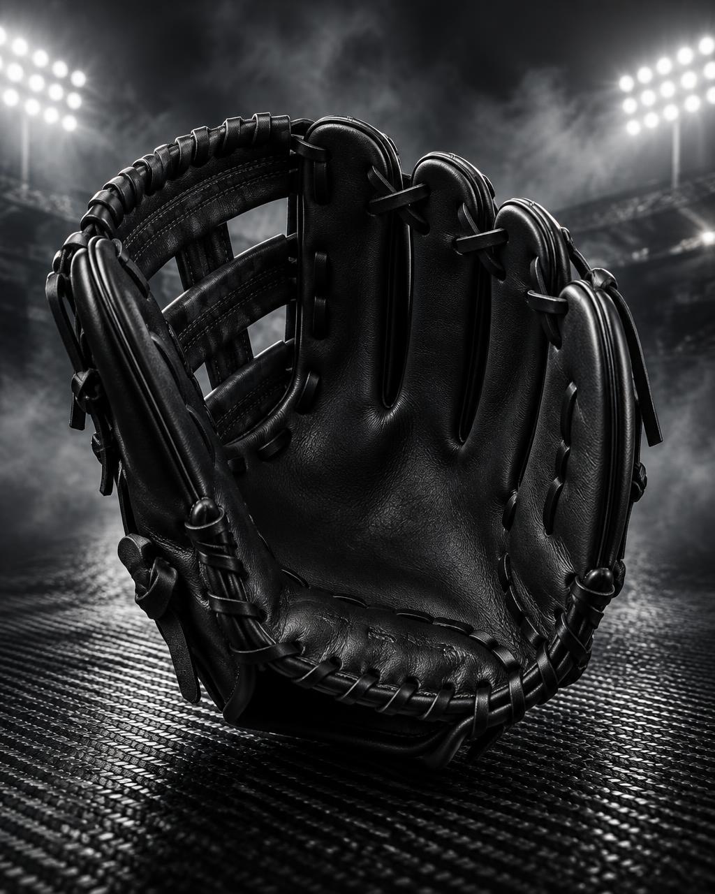 series-carbon-glove.jpg — all black stealth baseball glove under stadium lights