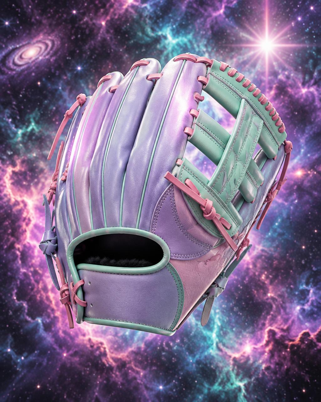 series-nova-glove.jpg — pastel lavender, mint and pink baseball glove against a cosmic nebula