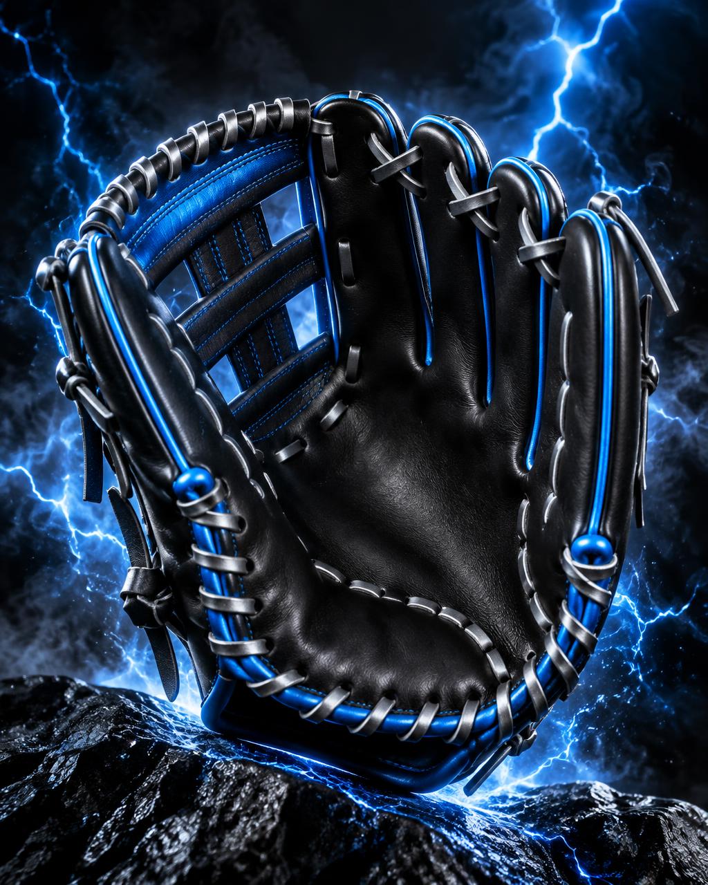 series-voltage-glove.jpg — black and electric blue baseball glove with lightning energy